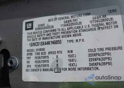 2004 Chevrolet Blazer Ls из США, поврежденный, VIN 1GNCS13X44K143850